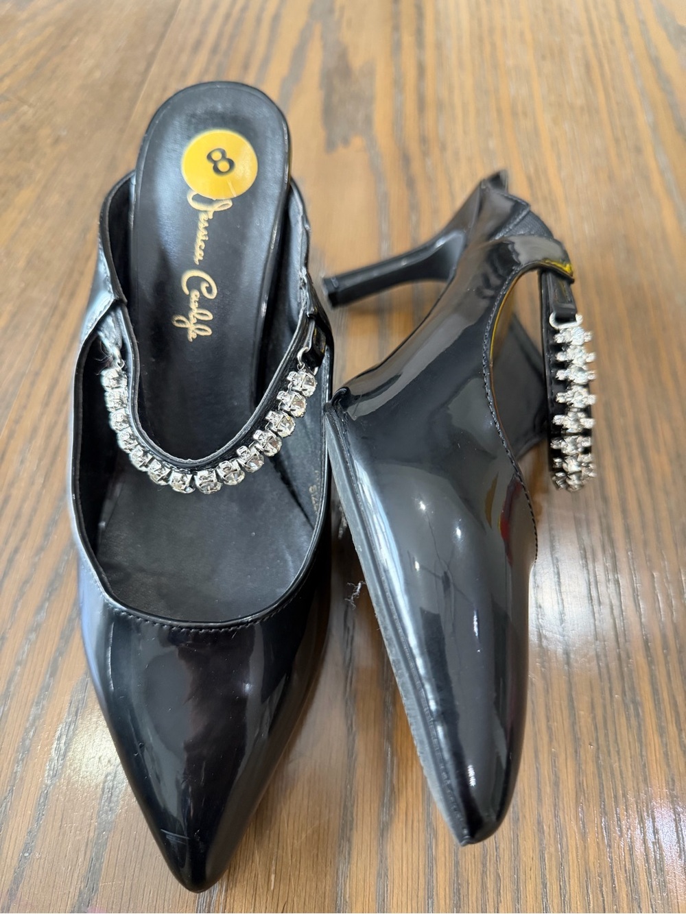 Black Patent Rhinestone-Trim Slip-On Heels